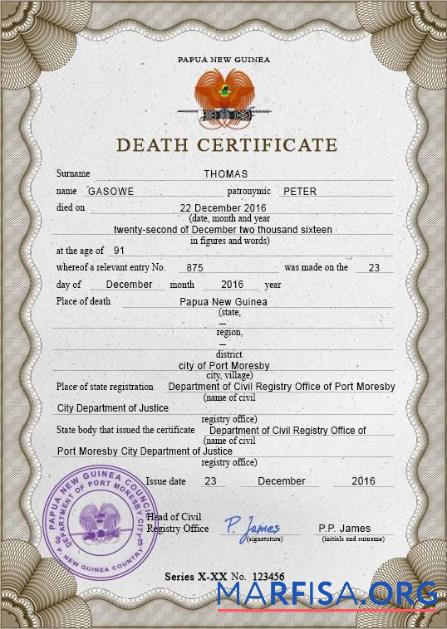 Realistic Papua New Guinea death certificate PSD template